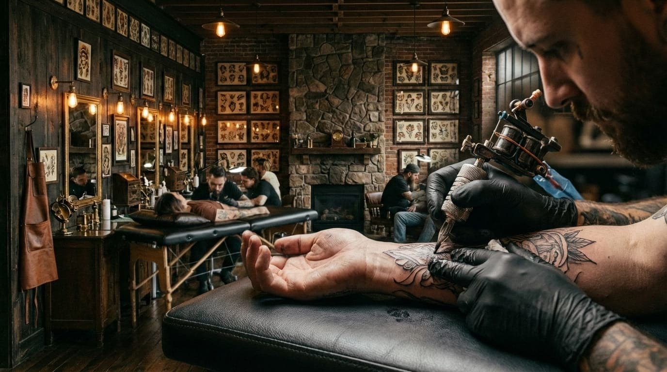 Tattoo artist creating artwork in a professional studio